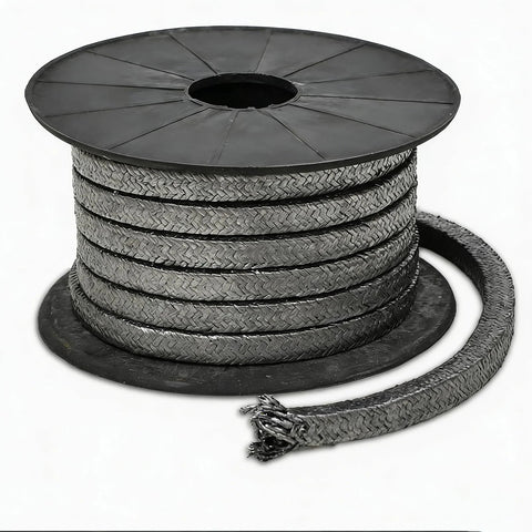 Spool of black braided graphite gland packing rope; high-temp, corrosion-resistant seal for pumps, valves, radiators.