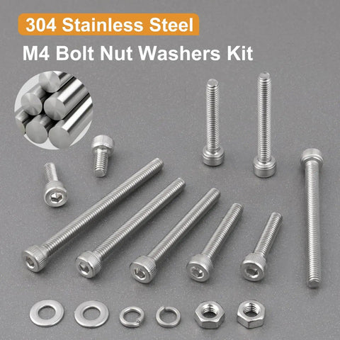 480 Piece M4 Screws Assortment Kit For 3D Printer And DIY Projects With Hex Socket Head Cap Screws In 6mm 8mm 12mm 16mm 20mm 25mm 30mm, Includes Nuts, Lock Washers And Flat Washers, Made Of 304 Stainless Steel displayed on grey surface.