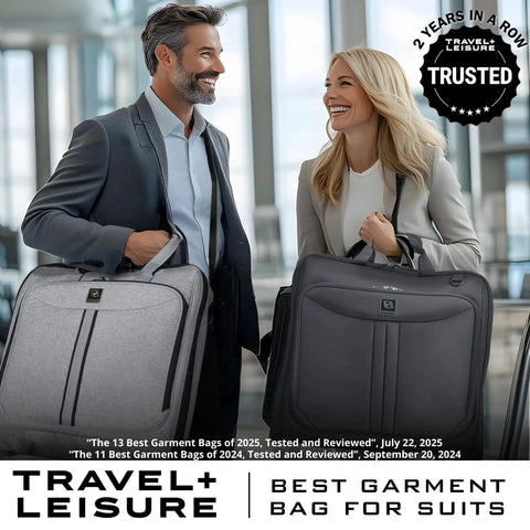 Two professionals with Premium Suit Garment Bag Carry On For Travel And Business With Over Shoulder Strap Hangs Four Suits Laptop Compartment And Multiple Interior Pockets SemiRigid Structure And Hybrid Soft Body Design ZEGUR at airport.