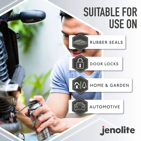 Man applying silicone spray lubricant for tools and gear on motorbike, suitable for rubber seals, door locks, home, and automotive use.