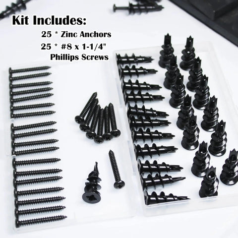 Fifty Pieces Size 8 Self Drilling Drywall Anchors And Screws Kit includes 25 heavy duty hollow sheetrock anchors and screws.