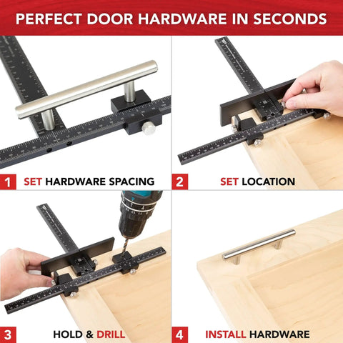 Cabinet Hardware Jig With Patent Pending True Calibration And Laser Engraved Rulers for accurate knob and pull placement steps.