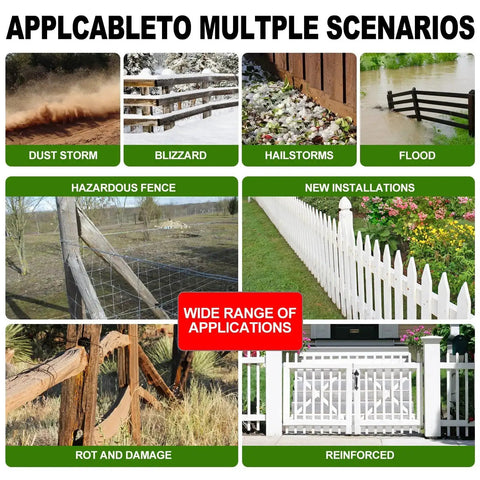 Image showcasing various scenarios where the Heavy Duty Steel Fence Post Repair Kit Ground Spike Anchor can be applied, including dust storms, blizzards, and floods.