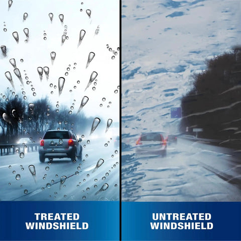 Comparison of treated and untreated windshields showing clear vs blurred visibility in rain conditions with water droplets.