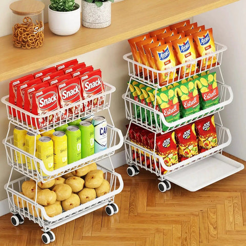 3-Tier Rolling Pantry Cart With Wheels For Kitchen Organization And Storage, Stackable Wire Shelving Stand, filled with snacks and cans.