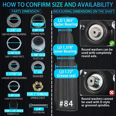 Measurement guide for Four Sets Premium Boat Trailer Bearing Kit For 3500 Lb Axles Fits 1-1/16 To 1-3/8 Inch Spindles.