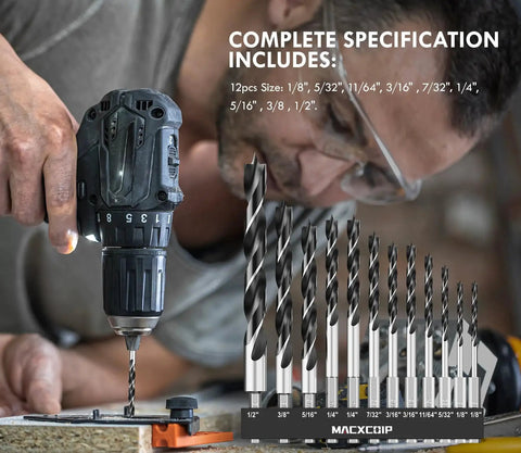 Person using a drill with Brad Point Wood Drill Bit Set 12 Pc Hex Shank With Double Flute For Precise Starting And Clean Holes In Carpenter Woodworking And All Wood Types One Eighth Inch Through One Half Inch Kit For Pros And DIY Projects displayed