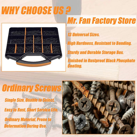 All Purpose Wood And Drywall Screws Kit 1000 Piece Assortment With 13 Sizes From Two And Three Quarters Inch Down To Five Eighths Inch