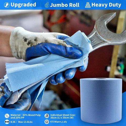 Heavy Duty Pro Grade Shop Towels Jumbo Roll With 475 Absorbent Blue Cloth Sheets used for cleaning a wrench