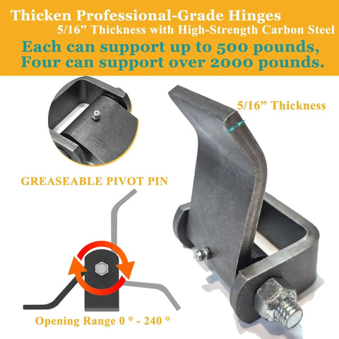 Heavy Duty Weld On Trailer Hinges For Dump Trailers And Truck Gates With Beefed Up Greaseable Strap Style Short Leaf In Large 5 3 8 Inch By 4 Inch Size 4 Pack 2000 Pound Load Capacity For Durable Doors And Gates, close-up view showing size and greaseable pivot pin