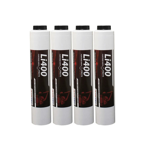 Four cartridges of Li400 High Temp Micro Ceramic Grease For Extreme Heat And Heavy Loads, Premium Lithium Complex EP Grease visible in a row.