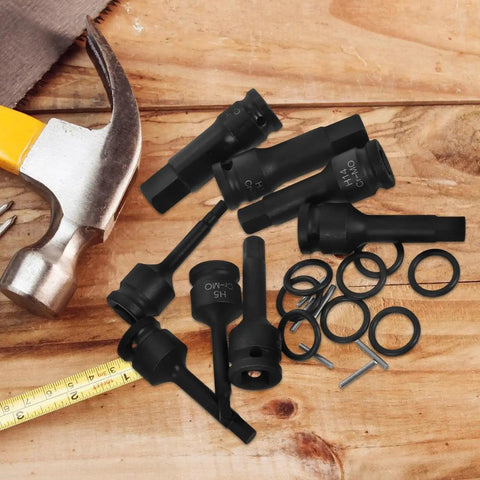Front view of 8-piece UTHCLO hex impact socket set with extended sleeves, lug-nut key and wrench adapter on a wooden workbench