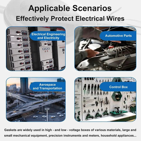 Collage showcasing electrical engineering, automotive parts, aerospace, and control box applications for wire grommets.