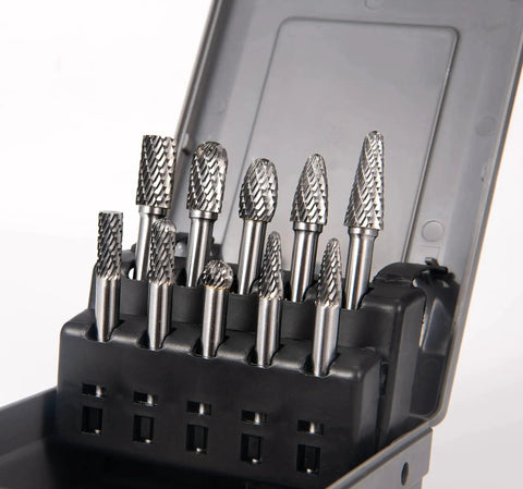 10 Piece Double Cut Solid Carbide Rotary Burr Set For Die Grinders With One Quarter Inch Shank Pro Grade Bits