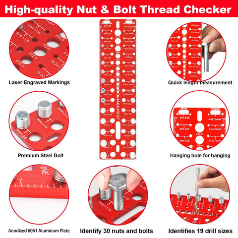 Close-up view of the Nut And Bolt Thread Checker Kit With 49 Pieces 15 Metric And 15 Standard Sizes showing laser-engraved markings and hanging hole.