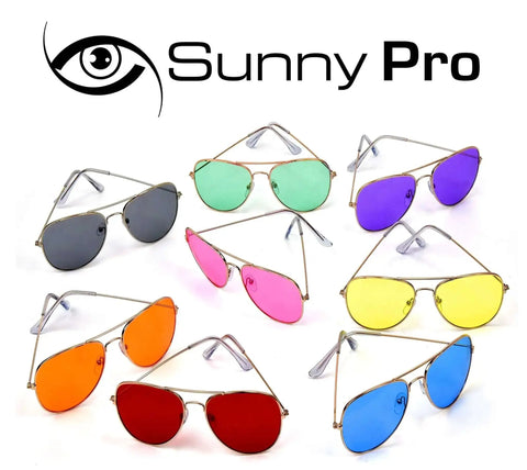 Colorful aviator sunglasses collection by Sunny Pro with gold wire frames and tinted lenses in various shades displayed together.