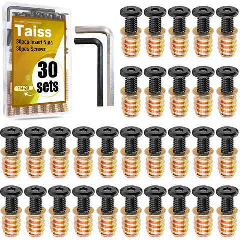 30 Sets 1/4-20 Threaded Wood Inserts For Furniture Screws With Hex Socket Drive Three Quarters Inch Long, includes wrenches