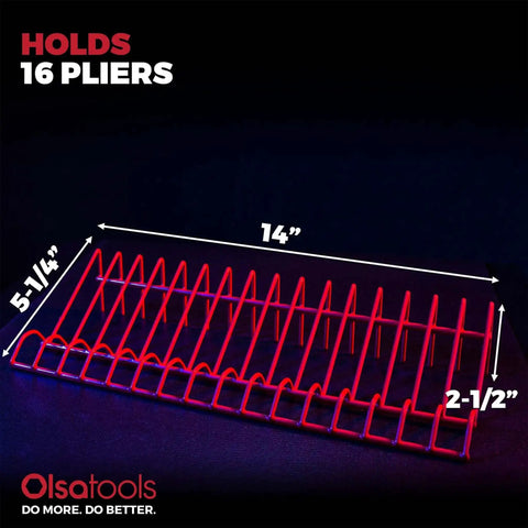 Red Pliers Rack Organizer for Tool Box Drawer Storage, holds 16 pliers, dimensions 14x5.25x2.5 inches, pro grade build