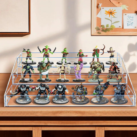 Clear Acrylic Miniature Display Shelf 2.75 Inch Wide Three Tier Stand showcasing figures on a desk