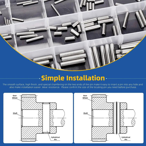 110 Piece Stainless Steel Dowel Pins Kit 2 To 5mm Assorted Diameters And 8 To 30mm Lengths in organizer box with installation guide
