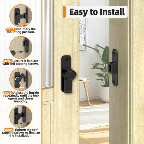 Sturdy 90 Degree Barn Door Lock Aluminum Alloy Security Flip Lock installed on light wood door, includes installation steps.