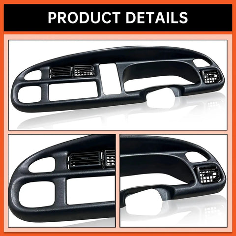 Dodge Ram Dash Bezel Cover For 1998-2002 1500 2500 3500 Instrument Cluster in black ABS plastic, multiple views.