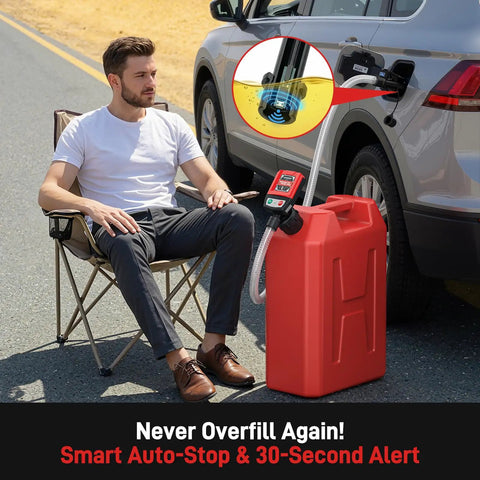 Man using Automatic Portable Fuel Transfer Pump With Auto Stop And 30 Second Alert No Spill Fast 3.8 GPM Electric Gas Can Pump That Runs On Battery Or USB Includes Four Adapters And 51 Inch Hose For Gasoline Diesel And Oil, shown refueling car with red gas can on roadside.