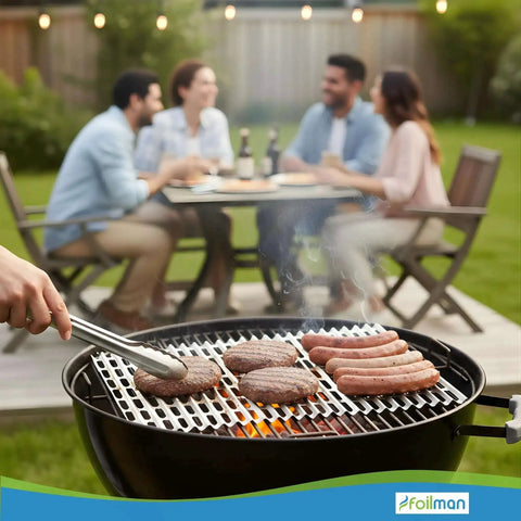 Heavy Duty Disposable Aluminum Grill Liners 12 x 20 Inch Nonstick Sheets used for outdoor BBQ with sausages and burgers grilling