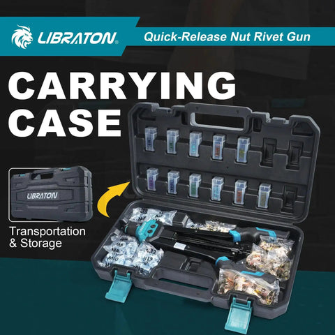 Rivet Nut Tool Kit 16 Inch Hand Rivnut Kit with 11 Interchangeable Mandrels and 110 Rivet Nuts in carrying case.
