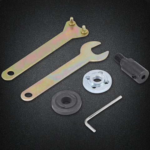 Angle grinder chuck kit with motor shaft coupler; includes two wrenches, flange, rubber seal, cap, and hex key