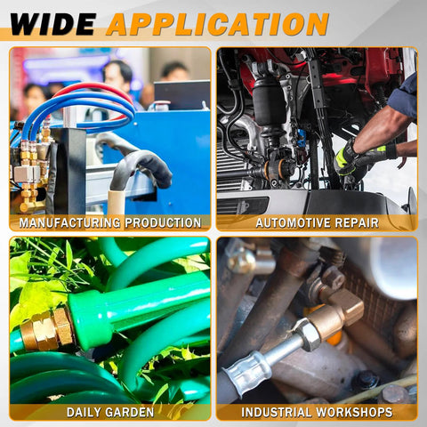 Brass DOT air brake fittings set for trucks/trailers; collage shows manufacturing, automotive repair, garden, industrial.