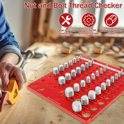 Pro Grade Nut And Bolt Thread Checker With Inch And Metric Gauge Aluminum Alloy Precision Tool For Identifying Thread Size Go No Go ANSI Class 2B Standards 34 Nut And Bolt displayed on wood surface with nuts and bolts arranged.