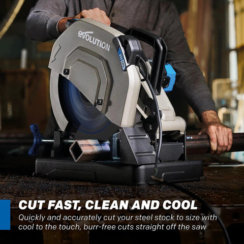 Side view of Evolution S14CPS 14-inch metal-cutting chop saw with EVOMAX14ST blade cutting a steel pipe.