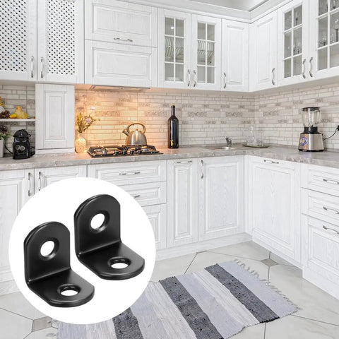 Stainless Steel L Bracket Shelf Brackets Set For Wood Corners, 12 Pack With 24 Screws, shown in a kitchen setting with close-up inset