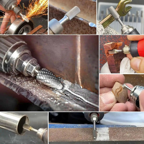 Versatile Carbide Burr Set With One Eighth Inch Shank For Rotary Tools Dremel Compatible Ten Piece Tungsten Carbide Grinding Bits shown in use on various materials.