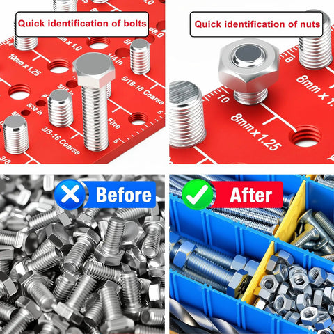 Pro Grade Thread Checker For Bolts And Nuts Identifies 30 SAE And Metric Sizes Includes 19 Standard And 17 Metric Drill Bit Gauges Quick Bolt Size Finder For M2x0.4 To M14x2.0 with bolts and nuts on red checker.