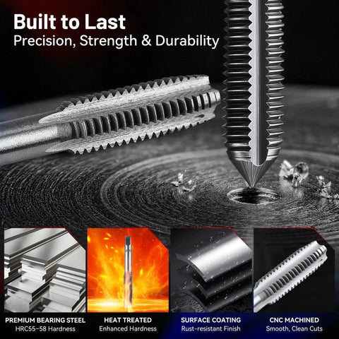 Close-up of 80 Piece Tap And Die Set With Metric And Standard Threading For Cutting And Repairing Internal And External Threads NC NF NPT Compatible Pro Grade Workshop Essential For Pros And Diyers Built For Precision And Durability showing threading process and material features.