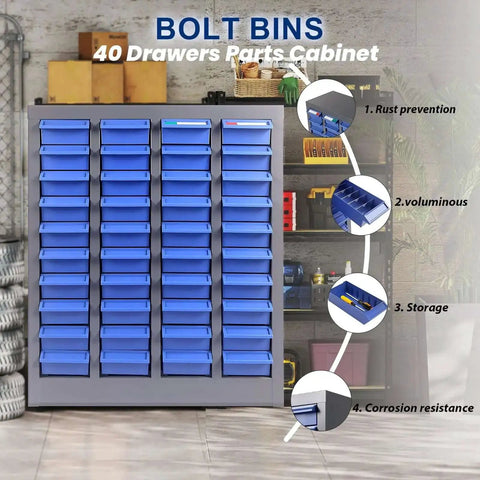 40 Drawers Parts Cabinet With Label Stickers And Bolt Nut Tool Storage in a garage setting, blue ABS drawers visible.