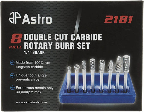 Packaging of Double Cut Carbide Rotary Burr Set For Pro Grade Porting And Hole Opening, 8-Piece With 1/4 Inch Shank, by Astro Pneumatic Tool 2181.