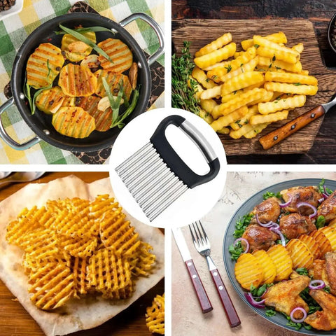 Crinkle Cutter For Veggies And Fries With Stainless Steel Blade Wavy Knife For Potatoes Cucumbers Carrots Easy Grip Waffle Fry Slicer French Fry Cutter For No Fuss Game Changer Crinkle Cuts At Home displayed on food preparation with crinkle cut potatoes and vegetables.