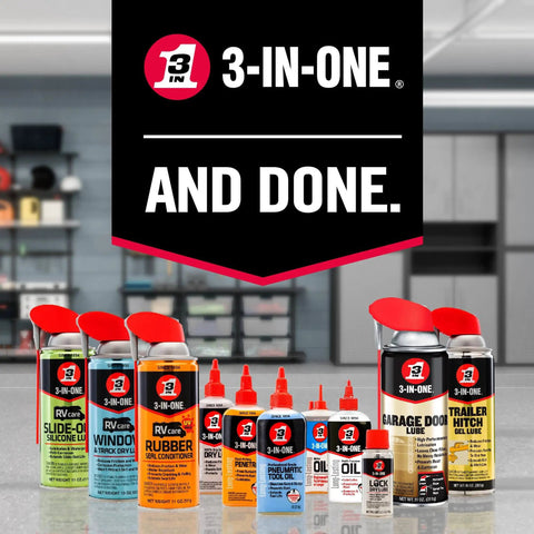 Assorted 3-IN-ONE lubrication and maintenance products in cans and bottles displayed on a countertop with a 3-IN-ONE sign.