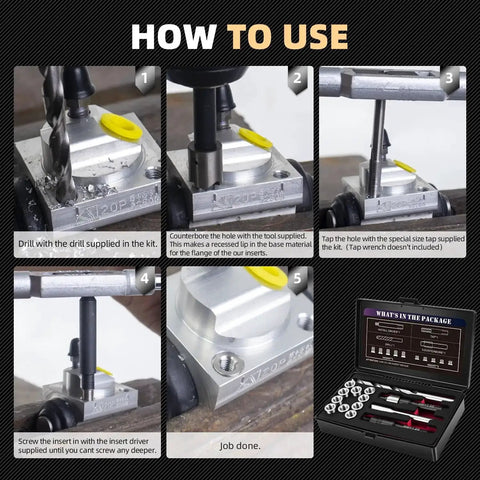 Pro Grade M8x1.25 Thread Repair Kit With Stainless Steel Inserts 11.7mm And 16.2mm Includes HSS Drill Tap Counterbore Install Driver Ten Inserts Durable Internal Thread Repair For Metal DIY Shop usage instructions and contents