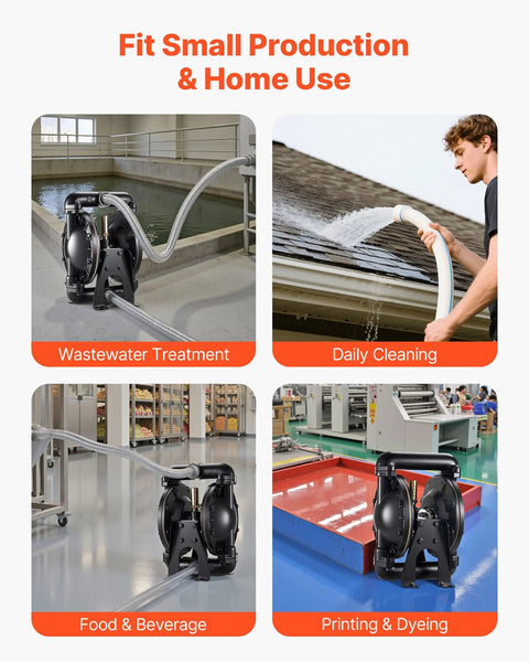 VEVOR air-operated double diaphragm pump with aluminum body and hoses; four-panel collage.