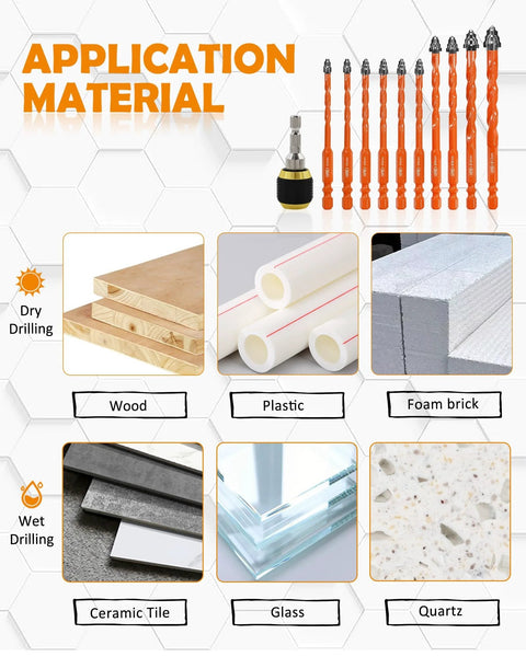 Image showing a Four Blade Serrated Eccentric Masonry Drill Bit Set For Concrete Brick Tile Marble And More Ten Pack Carbide Bits With One Quarter Inch Shank Versatile Masonry Drill Bits For Wood Plastic Glass with various application materials including wood, plastic, foam brick, ceramic tile, glass, and quartz.