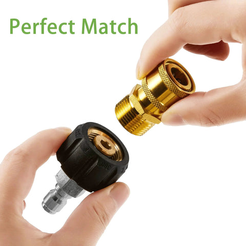 Hands connecting M22 To One Quarter Inch Quick Connect Pressure Washer Adapter Set Pro Grade, 5000 PSI, brass fittings
