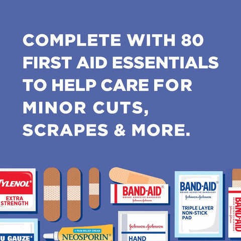 Travel Ready 80-Piece First Aid Kit For Home Car Travel Camping Essentials with Band-Aid Brand supplies for minor wounds.