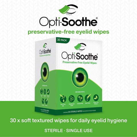 Box of Preservative-Free Eyelid Wipes For Daily Hygiene With Tea Tree Oil Hyaluronic, 30 pack, Opti-Soothe branding visible