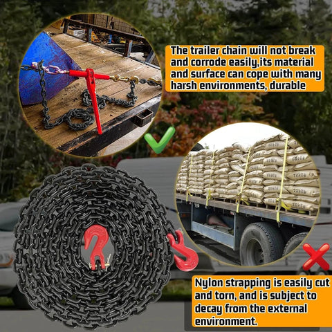 Diagram showing One Quarter Inch Log Chain, with images of tied down trailer using G70 hooks and coiled heavy duty chain