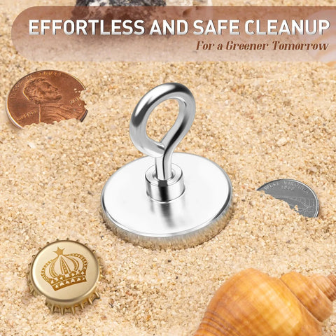 Neodymium Fishing Magnet With 150 Lbs Pulling Power And Lifting Eye Bolt For Retrieval In Lakes And Beaches on sand with coins