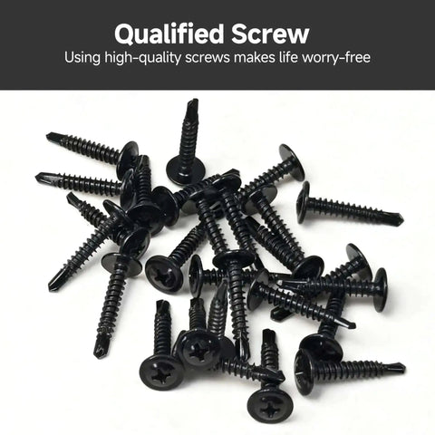 All In One 185 Piece 8 Self Tapping Screws Kit for Metal Plastic and Wood Pro Grade 410 Stainless Steel Black Oxide Truss Head Quick Drilling Screws in Lengths From Half Inch to One And One Half Inch scattered on a white background